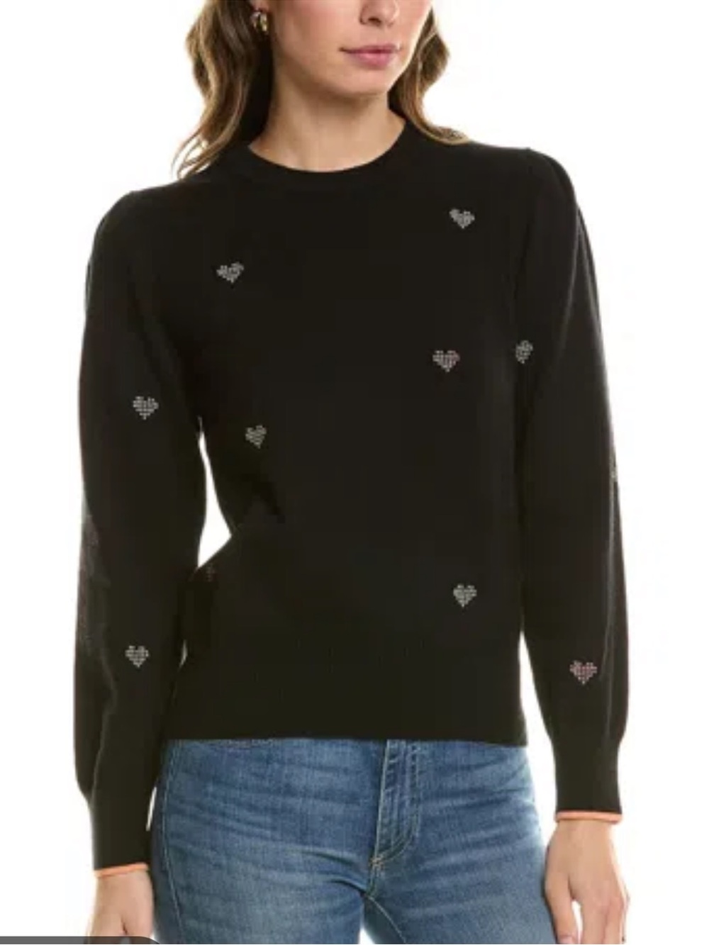 Wispr Flirtini Puff Sleeve Silk-blend Heart Print Sweater In Black L